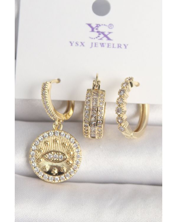 Pirinç Gold Renk Zirkon Taşlı Göz İşlemeli Model  3'Lü Kadın Kombin Küpe - TJ-BKP10435