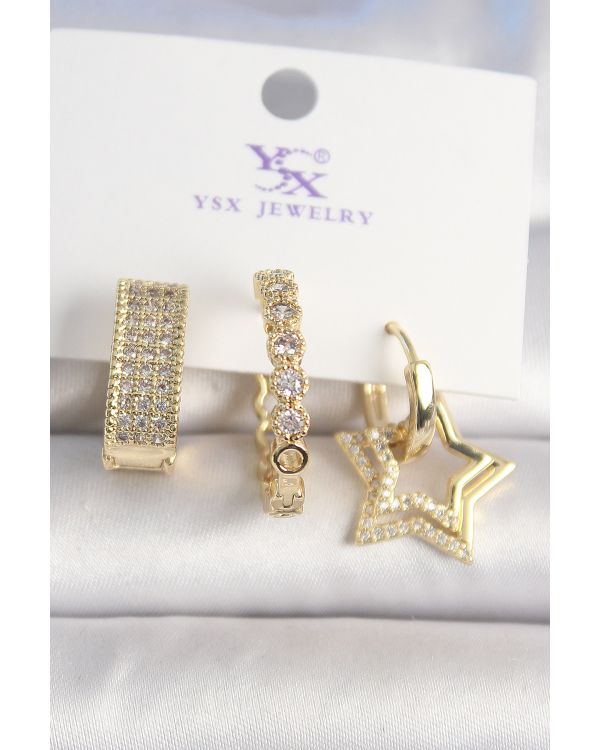 Pirinç Gold Renk Zirkon Taşlı Yıldız Figür Halka Model 3'Lü Kadın Kombin Küpe - TJ-BKP10437