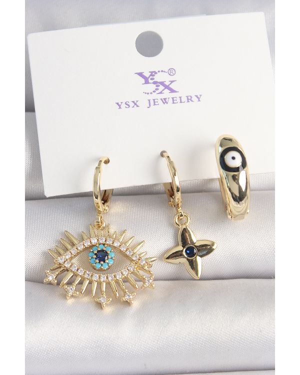 Pirinç Gold Renk Zirkon Taşlı Göz Figür Nazar Boncuk Detay 3'Lü Kadın Kombin Küpe - TJ-BKP10439