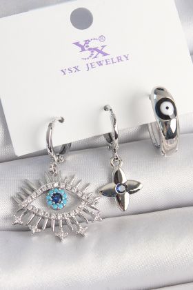 Pirinç Gümüş Renk Zirkon Taşlı Göz Model Nazar Boncuk Detay 3'Lü Kadın Kombin Küpe - TJ-BKP10440