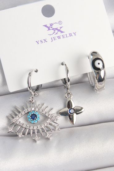 Pirinç Gümüş Renk Zirkon Taşlı Göz Model Nazar Boncuk Detay 3'Lü Kadın Kombin Küpe - TJ-BKP10440