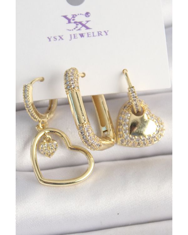 Pirinç Gold Renk Zirkon Taşlı Sallantı Kalp Model 3'Lü Kadın Kombin Küpe - TJ-BKP10441