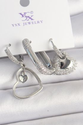 Pirinç Gümüş Renk Sallantı Zirkon Taşlı Kalp Model 3'Lü Kadın Kombin Küpe - TJ-BKP10442