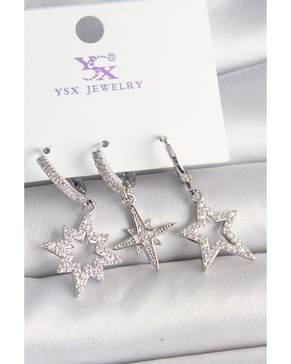 Pirinç Gümüş Renk Zirkon Taşlı Yıldız Model 3'Lü Kadın Kombin Küpe - TJ-BKP10448