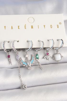 Pirinç Gümüş Renk Zirkon Taşlı Kuş Figür Çiçek Detay 6'Lı Kadın Kombin Küpe - TJ-BKP10454