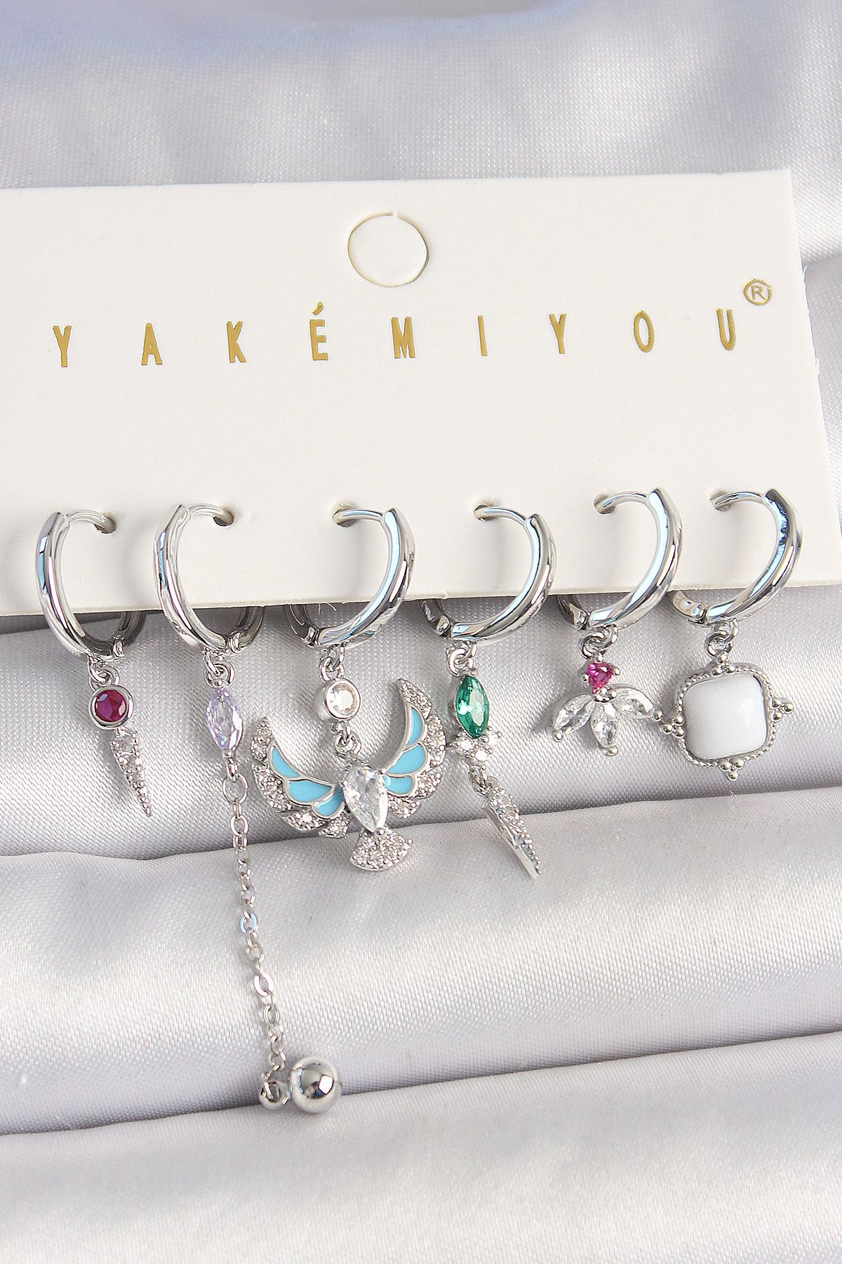 Pirinç Gümüş Renk Zirkon Taşlı Kuş Figür Çiçek Detay 6'Lı Kadın Kombin Küpe - TJ-BKP10454