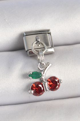 316L Çelik Gümüş Renk Zirkon Taşlı Kiraz Model Nomination Charm - TJ-BC1332