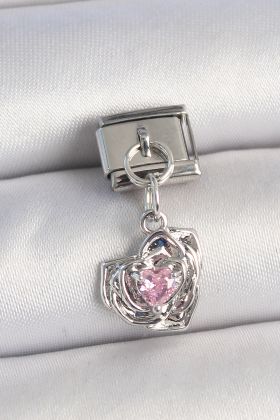 316L Çelik Gümüş Renk Pembe Zirkon Taşlı Kalpli Gül Model Nomination Charm - TJ-BC1335