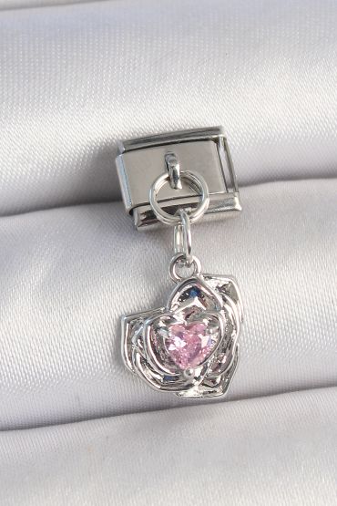 316L Çelik Gümüş Renk Pembe Zirkon Taşlı Kalpli Gül Model Nomination Charm - TJ-BC1335