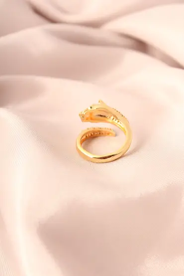 Gold Renk Metal Zirkon Taşlı Kaplan Model Ayarlanabilir Kadın Yüzük - TJ-BYK2154