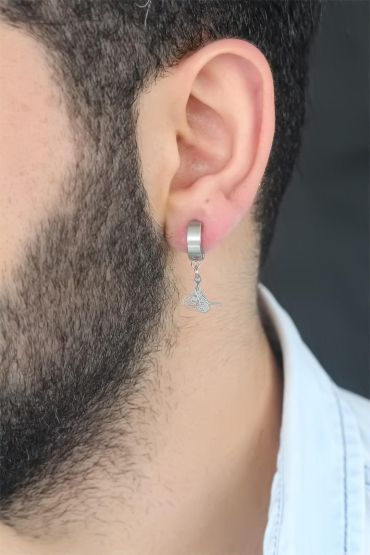 Silver Renk Kaplama Osmanlı Tuğra Figürlü Kıstırmalı Çelik Erkek Küpe - TJ-EKP117