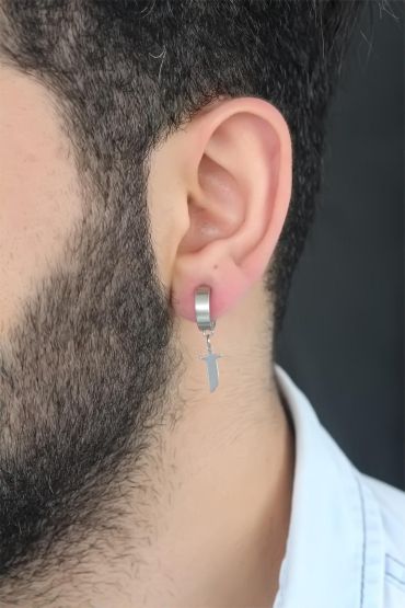 Silver Renk Kaplama Kılıç Figürlü Çelik Kıstırmalı Erkek Küpe - TJ-EKP129