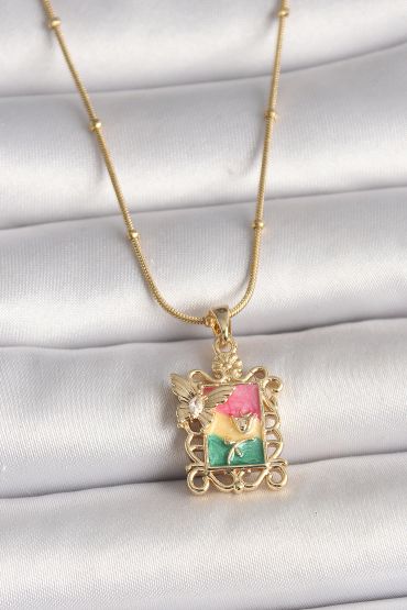 316L Çelik Gold Renk Renkli Zirkon Taşlı Kelebek İşlemeli Portre Model Kadın Kolye - TJ-BKO10024
