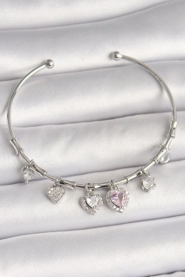 Pirinç Gümüş Renk Sallantı Pembe Zirkon Taşlı Kalp Model Charm Kadın Bileklik - TJ-BB6929