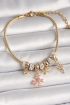 Pirinç Gold Renk Sallantı Pembe Zirkon Taşlı Kelebek Figür Çiçek Detay Charm Kadın Bileklik - TJ-BB6932