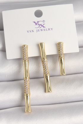 Pirinç Gold Renk Zirkon Taşlı Bambu Model 3'Lü Kadın Kombin Küpe - TJ-BKP10463