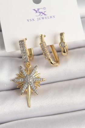 Pirinç Gold Renk Sallantı Zirkon Taşlı Kutup Yıldız Model 3'Lü Kadın Kombin Küpe - TJ-BKP10473