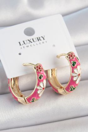 Pirinç Gold Renk Halka Model Pembe Çiçek İşlemeli Kadın Küpe - TJ-BKP10476