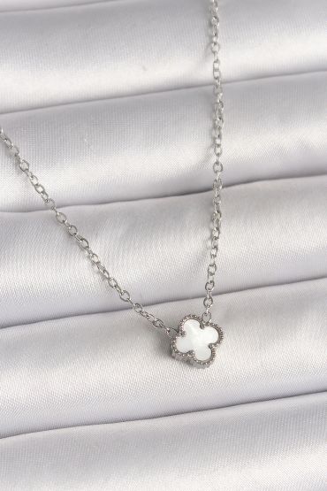 316L Çelik Gümüş Renk Beyaz Yonca Model Kadın Kolye - TJ-BKO10020