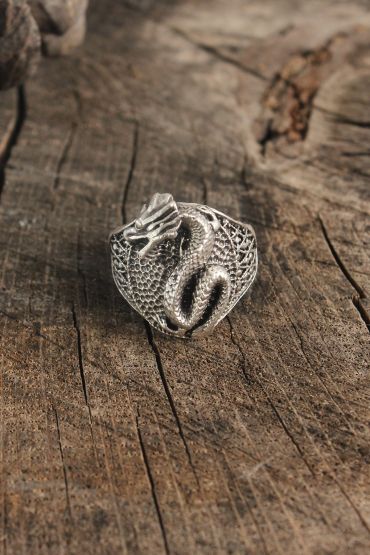 Antik Gümüş Renk Ejderha Motif Ayarlanabilir Erkek Yüzük - TJ-EY611