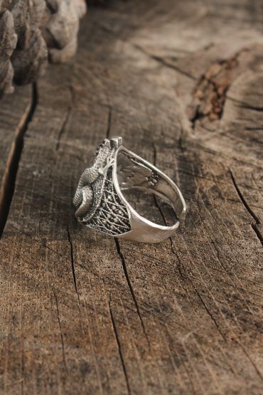 Antik Gümüş Renk Ejderha Motif Ayarlanabilir Erkek Yüzük - TJ-EY611