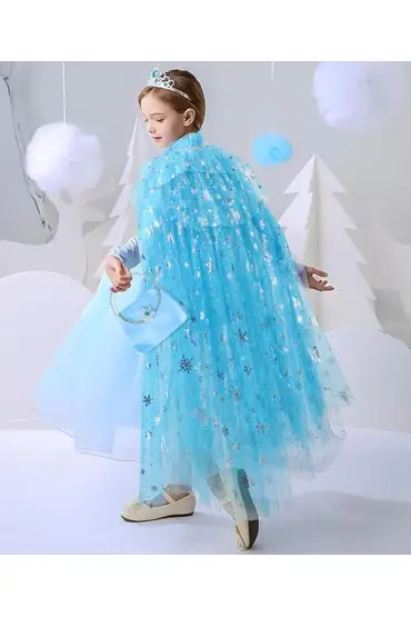 Karlar Ülkesi Elsa Frozen Mavi Pelerin 80 Cm Kar Desenli Çocuk Pelerini Taç Hariç