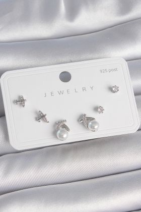 Pirinç Gümüş Renk Zirkon Taşlı Kelebek Model İnci Detay 925 Ayar Gümüş Çivi Kadın Küpe Seti - TJ-BKP10479