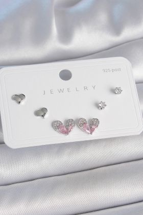 Pirinç Gümüş Renk Pembe Zirkon Taşlı Kalp Model 925 Ayar Gümüş Çivi Kadın Küpe Seti - TJ-BKP10493