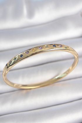 Pirinç Gold Renk Renkli Zirkon Taşlı Hilal Yıldız İşlemeli Kadın Kelepçe - TJ-BB6943