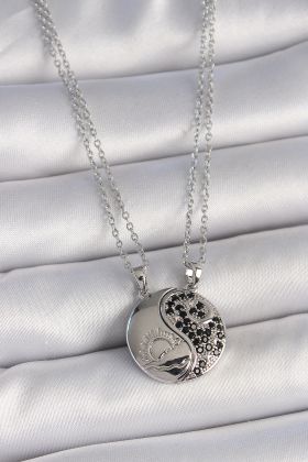 316L Çelik Gümüş Renk Zincir Zirkon Taşlı Ying Yang Model Gün Batımı İşlemeli Arakdaşlık Kadın Kolye - TJ-BKO10028