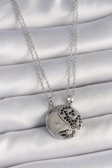 316L Çelik Gümüş Renk Zincir Zirkon Taşlı Ying Yang Model Gün Batımı İşlemeli Arakdaşlık Kadın Kolye - TJ-BKO10028