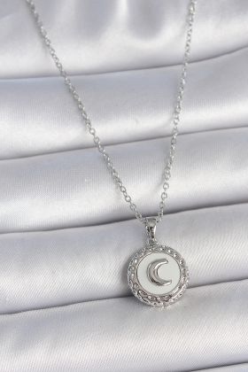 316L Çelik Gümüş Renk Zincir Beyaz Mineli Hilal İşlemeli Madalyon Model Kadın Kolye - TJ-BKO10034