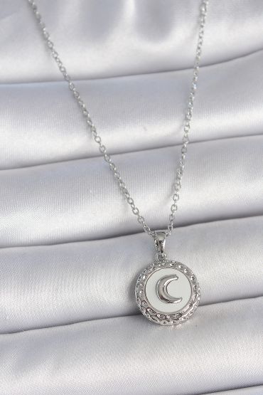 316L Çelik Gümüş Renk Zincir Beyaz Mineli Hilal İşlemeli Madalyon Model Kadın Kolye - TJ-BKO10034