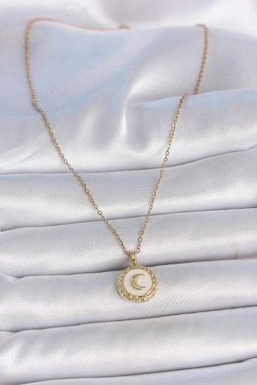 316L Çelik Gold Renk Zincir Beyaz Mineli Hilal İşlemeli Madalyon Model Kadın Kolye - TJ-BKO10035