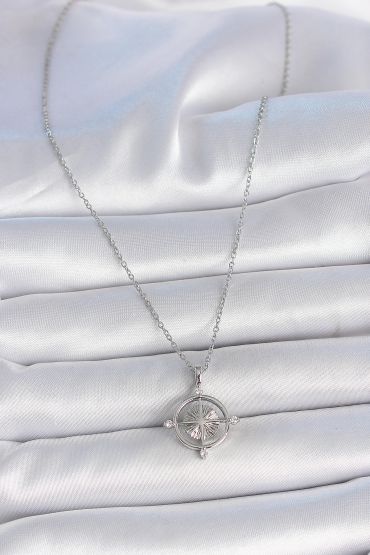 316L Çelik Gümüş Renk Zincir Zirkon Taşlı Pusula Model Kadın Kolye - TJ-BKO10038