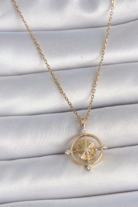 316L Çelik Gold Renk Zincir Zirkon Taşlı Pusula Model Kadın Kolye - TJ-BKO10039