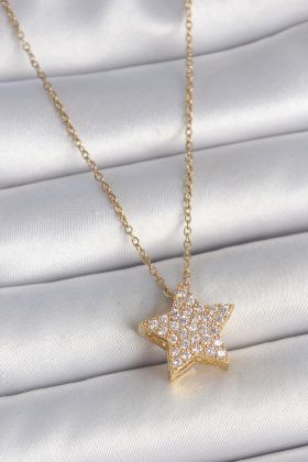 316L Çelik Gold Renk Zincir Zirkon Taşlı Yıldız Model Kadın Kolye - TJ-BKO10041