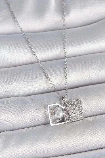 316L Çelik Gümüş Renk Zincir Zirkon Taşlı İncili Açılır Elmas Model Kadın Kolye - TJ-BKO10048