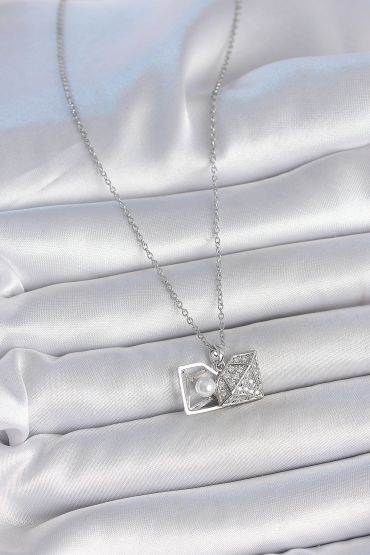 316L Çelik Gümüş Renk Zincir Zirkon Taşlı İncili Açılır Elmas Model Kadın Kolye - TJ-BKO10048