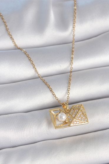 316L Çelik Gold Renk Zincir Zirkon Taşlı Açılır İncili Elmas Model Kadın Kolye - TJ-BKO10049