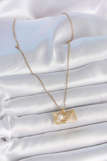 316L Çelik Gold Renk Zincir Zirkon Taşlı Açılır İncili Elmas Model Kadın Kolye - TJ-BKO10049