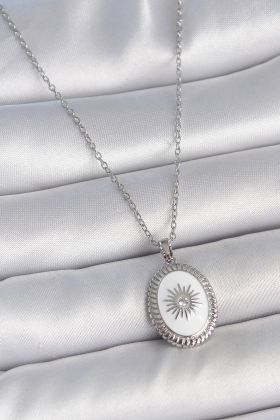316L Çelik Gümüş Renk Beyaz Mineli Güneş İşlemeli Nazar Boncuk Detay Madalyon Model Kadın Kolye - TJ-BKO10054