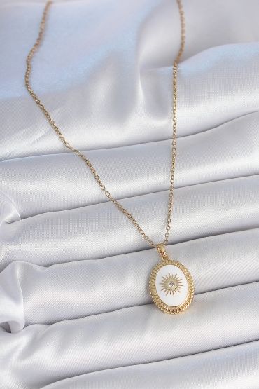 316L Çelik Gold Renk Zincir Beyaz Mineli Güneş İşlemeli Zirkon Taş Detaylı Madalyon Model Kadın Kolye - TJ-BKO10055