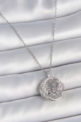 316L Çelik Gümüş Renk Zincir Ay Güneş Model Zirkon Taş Detay Kadın Kolye - TJ-BKO10056