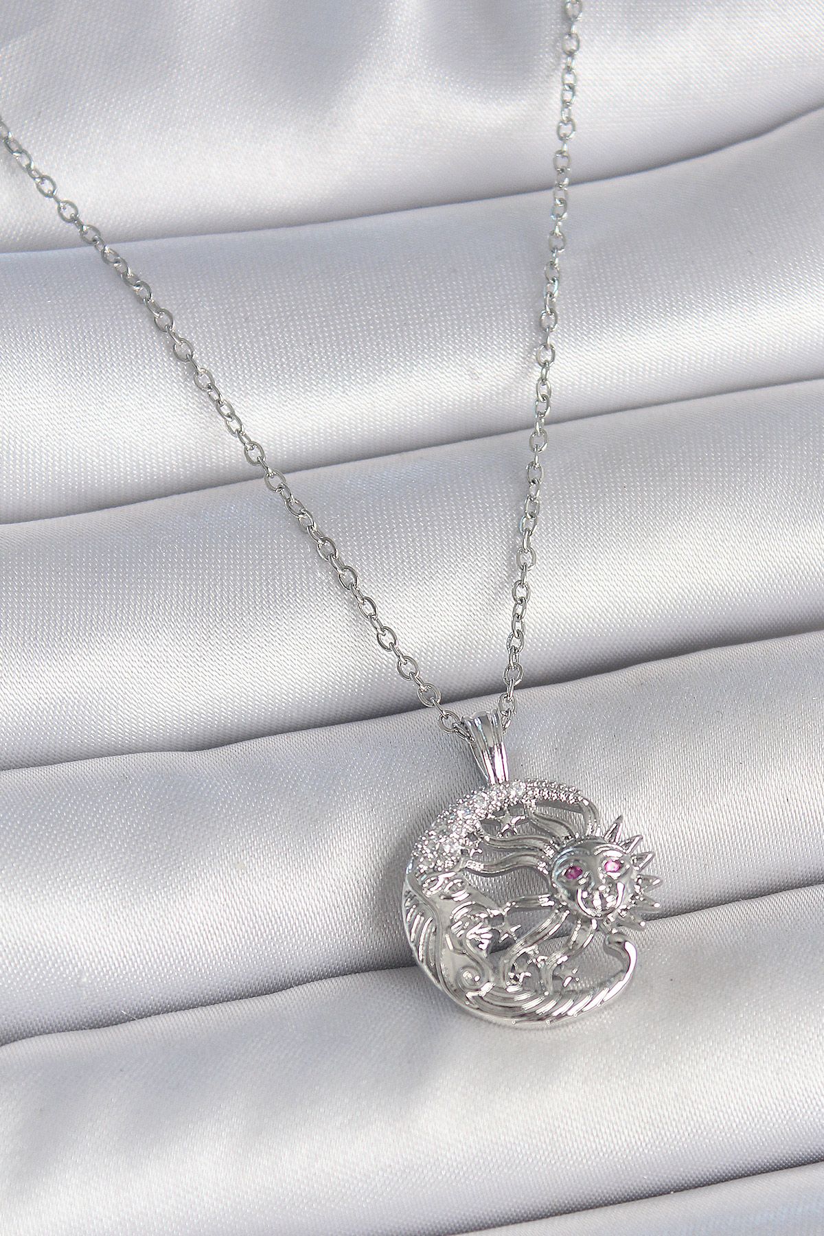 316L Çelik Gümüş Renk Zincir Ay Güneş Model Zirkon Taş Detay Kadın Kolye - TJ-BKO10056