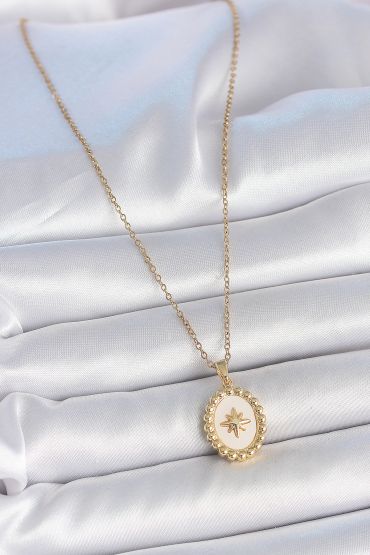 316L Çelik Gold Renk Zincir Beyaz Mineli Kutup Yıldız İşlemeli Madalyon Model Kadın Kolye - TJ-BKO10063