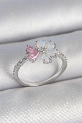 Pirinç Gümüş Renk Beyaz Mineli Pembe Zirkon Taşlı Çiçek Model Kadın Yüzük - TJ-BYK3708