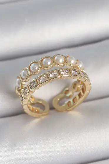 Pirinç Gold Renk 2'Li Zirkon Taşlı Ve İncili Ayarlanabilir Kadın Yüzük - TJ-BYK3721