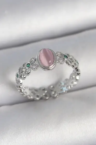Pirinç Gümüş Renk Zirkon Taş Detaylı Pembe Mineli Damla Model Ayarlanabilir Kadın Yüzük - TJ-BYK3724