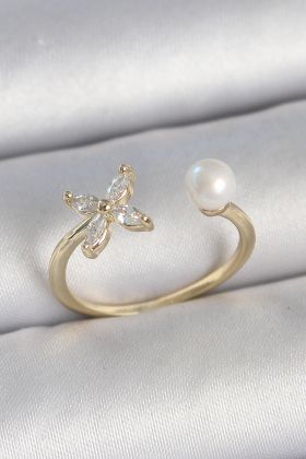 Pirinç Gold Renk Zirkon Taşlı Çiçek Model İnci Detay Ayarlanabilir Kadın Yüzük - TJ-BYK3727